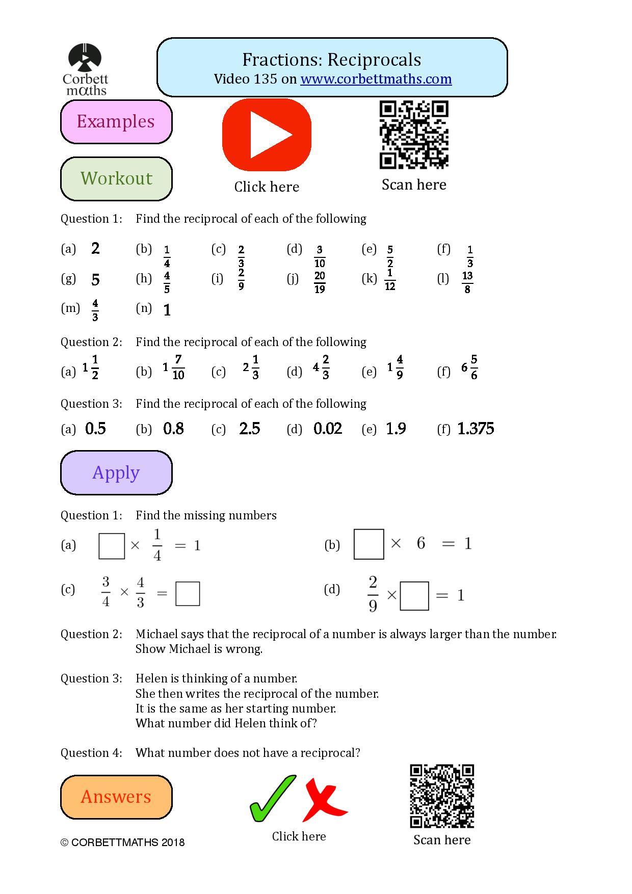 Reciprocal Worksheet